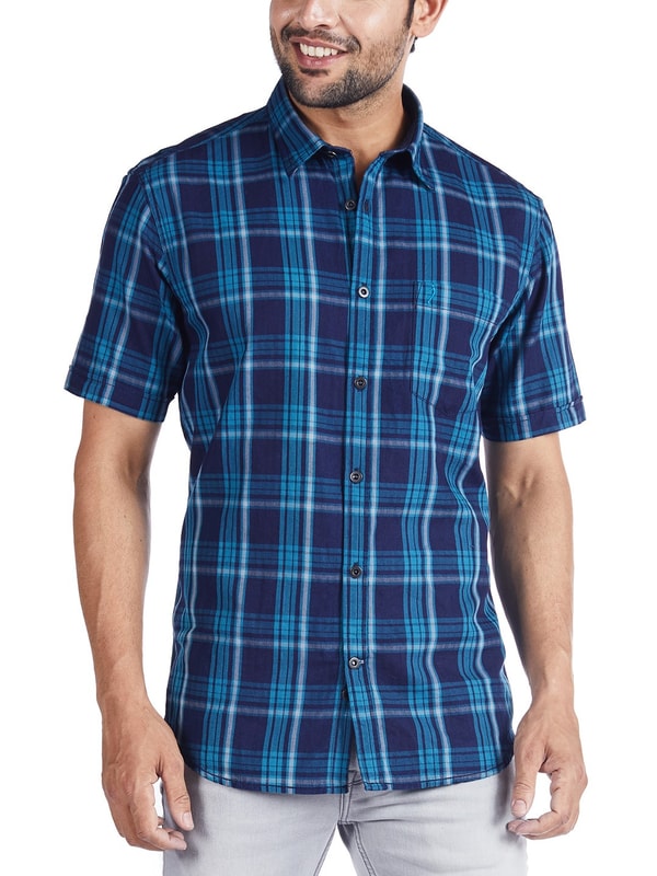 Teal Ind Short Sleeves Check Cotton Shirt